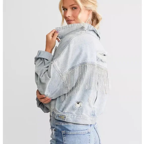 FESTIVAL 🔥 CONCERT RHINESTONE FRINGE 100% COTTON DENIM JACKET - Picture 4 of 14